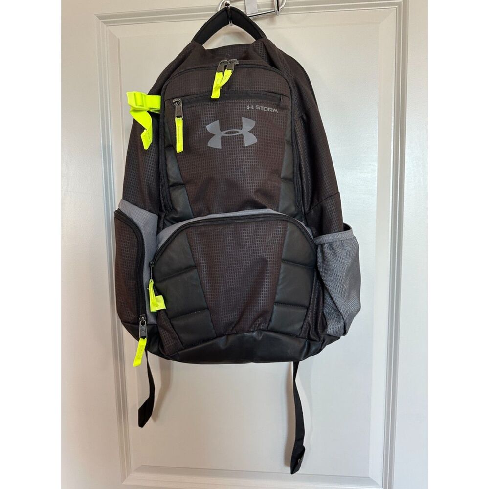 Under Armer Storm Black and Neon Yellow Zipper Athletic Backpack